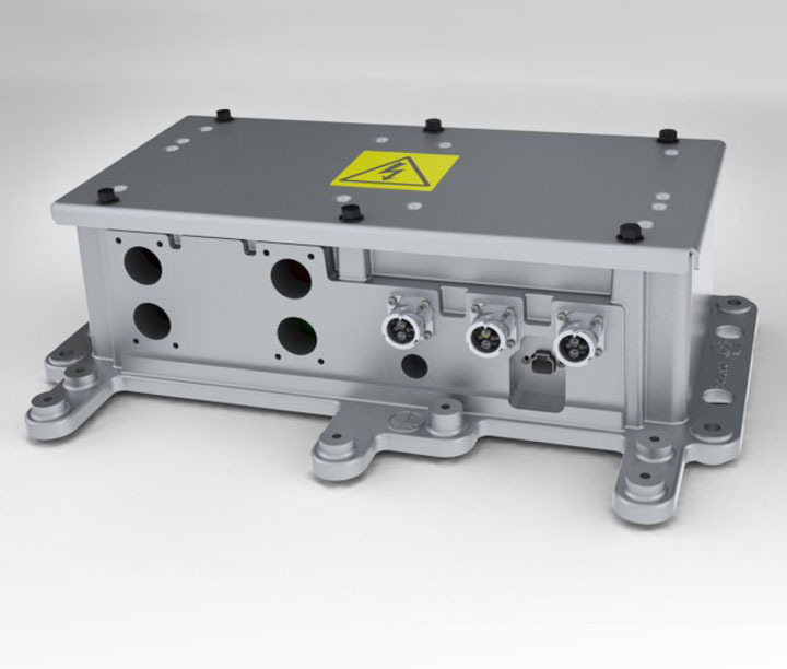 3D CAD model of a sheet-metal enclosure with mounting feet and cable entry holes